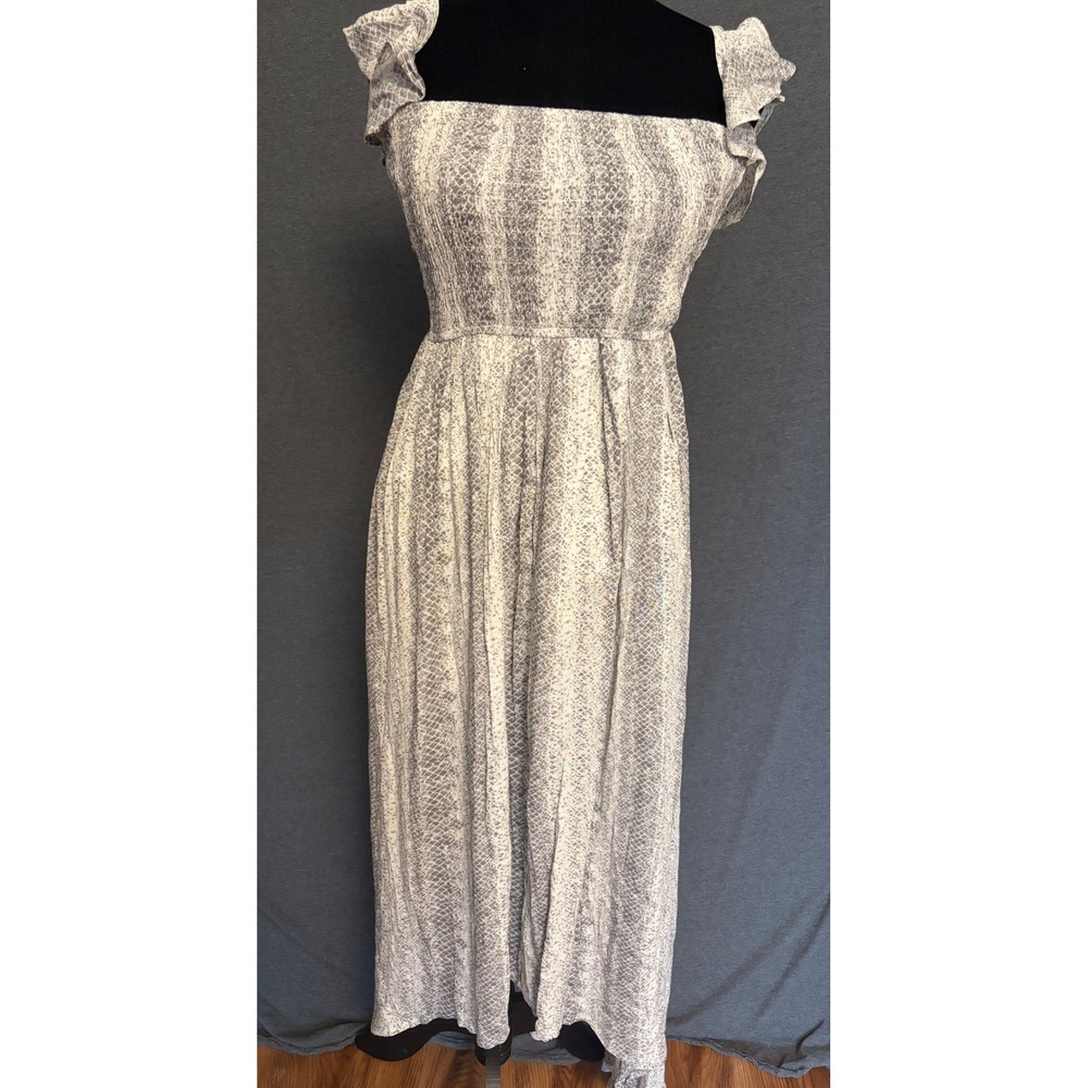 Savanna Jane Snakeskin Print High‎ Low Maxi Dress Grey White Smocked Small NWT